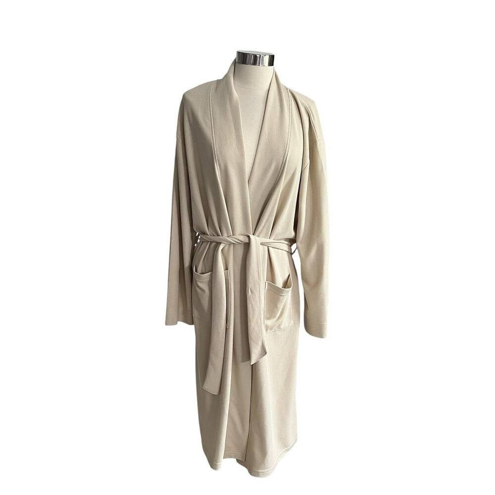 Line And Dot Bath Waffle Knit Textured Midi Bathrobe Tan Size Medium-Large